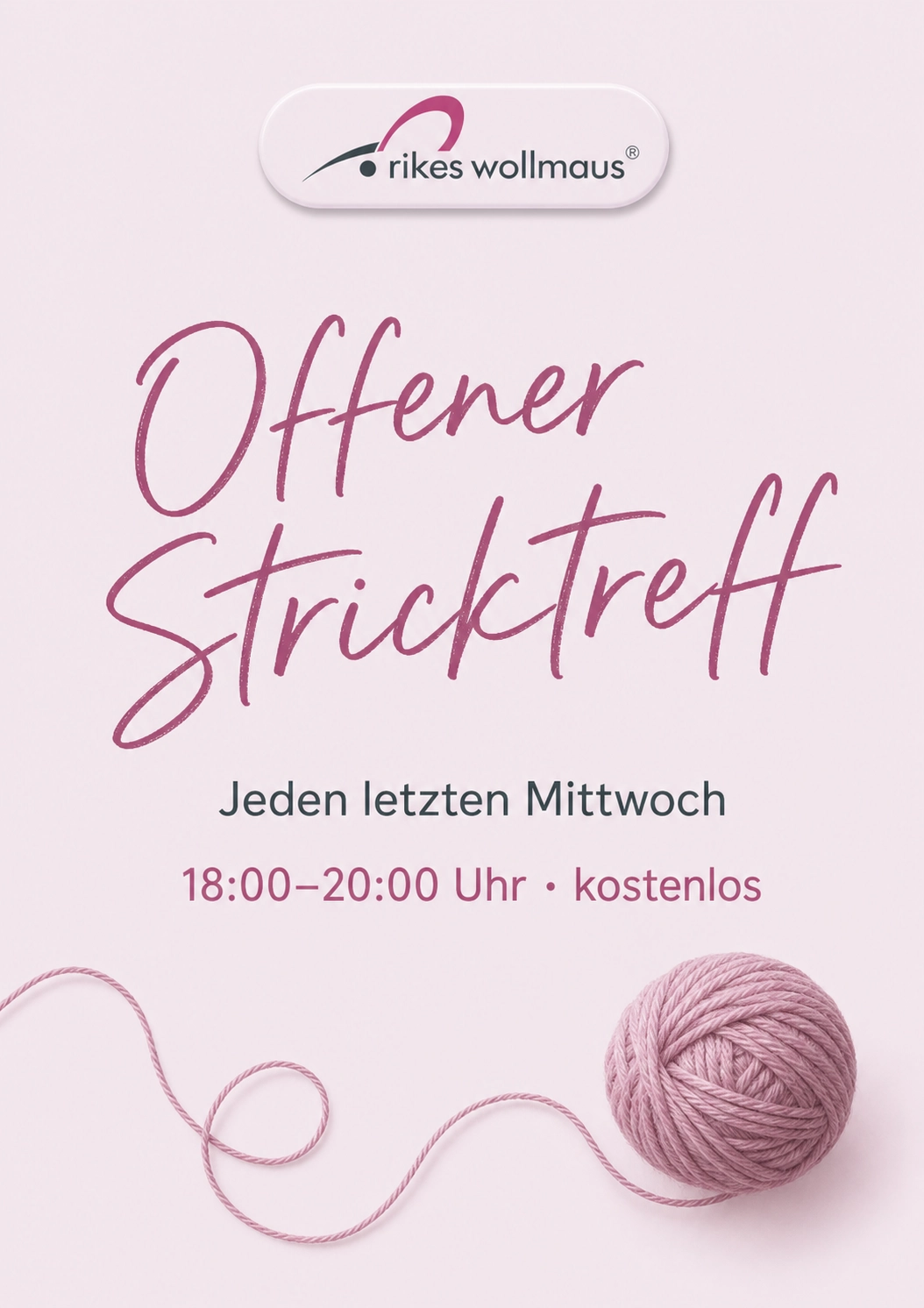 Offener Stricktreff, poster, knitting, yarn, pink, advertisement