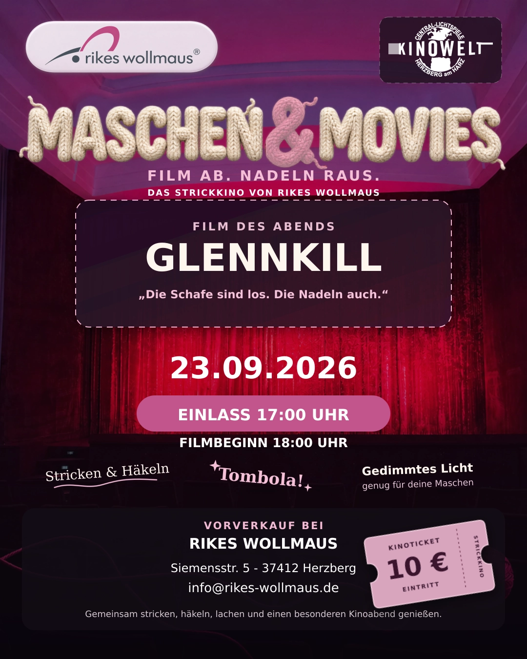 Kino-Event, GlenKill, Maschen & Movies, Kinoticket, Nadel & Stickerei