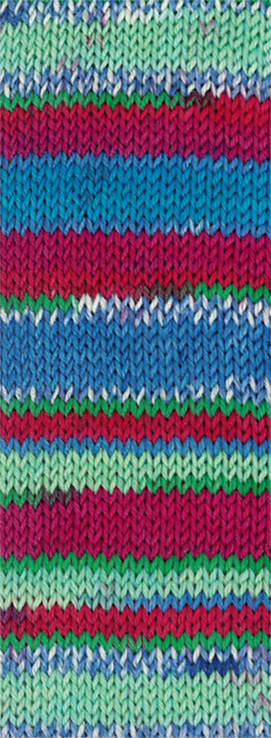 Lana Grossa Meilenweit 100 Merino Extrafine  Coccole aus 75% Schurwolle (Merino extrafein), 25% Polyamid in Farbe 3801 Jadegrün/Smaragd/Azurblau/Weiß/Dunkelrot/Bordeaux gestreift