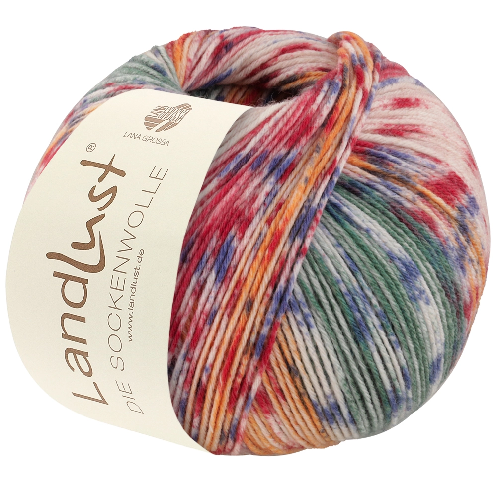Landlust DIE SOCKENWOLLE 6-fach - 930 Pastellrosa/Mint/Orange/Graugrün/Graublau/Rot Gestreift/Gesprenkelt - Lana Grossa
