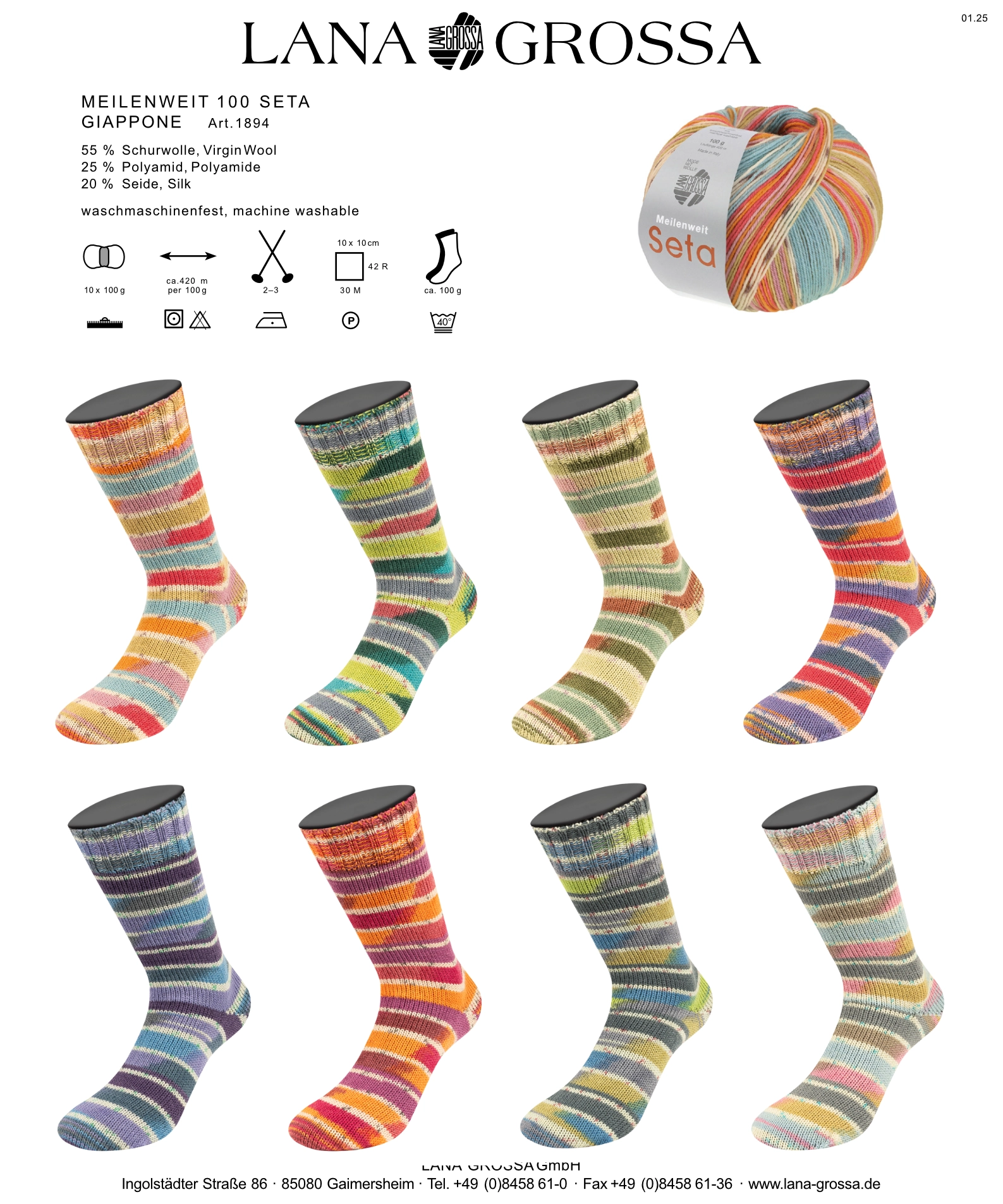 Lana Grossa Meilenweit 100 Seta Giaponne - Garn aus 55% Schurwolle (Merino), 25% Polyamid, 20% Seide