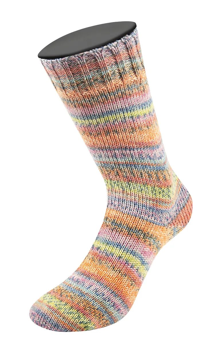 Landlust DIE SOCKENWOLLE SEIDE - 336 Lachs/Orange/Grau/Mint/Rosa/Zitrusgelb/Graublau Gestreift - Lana Grossa