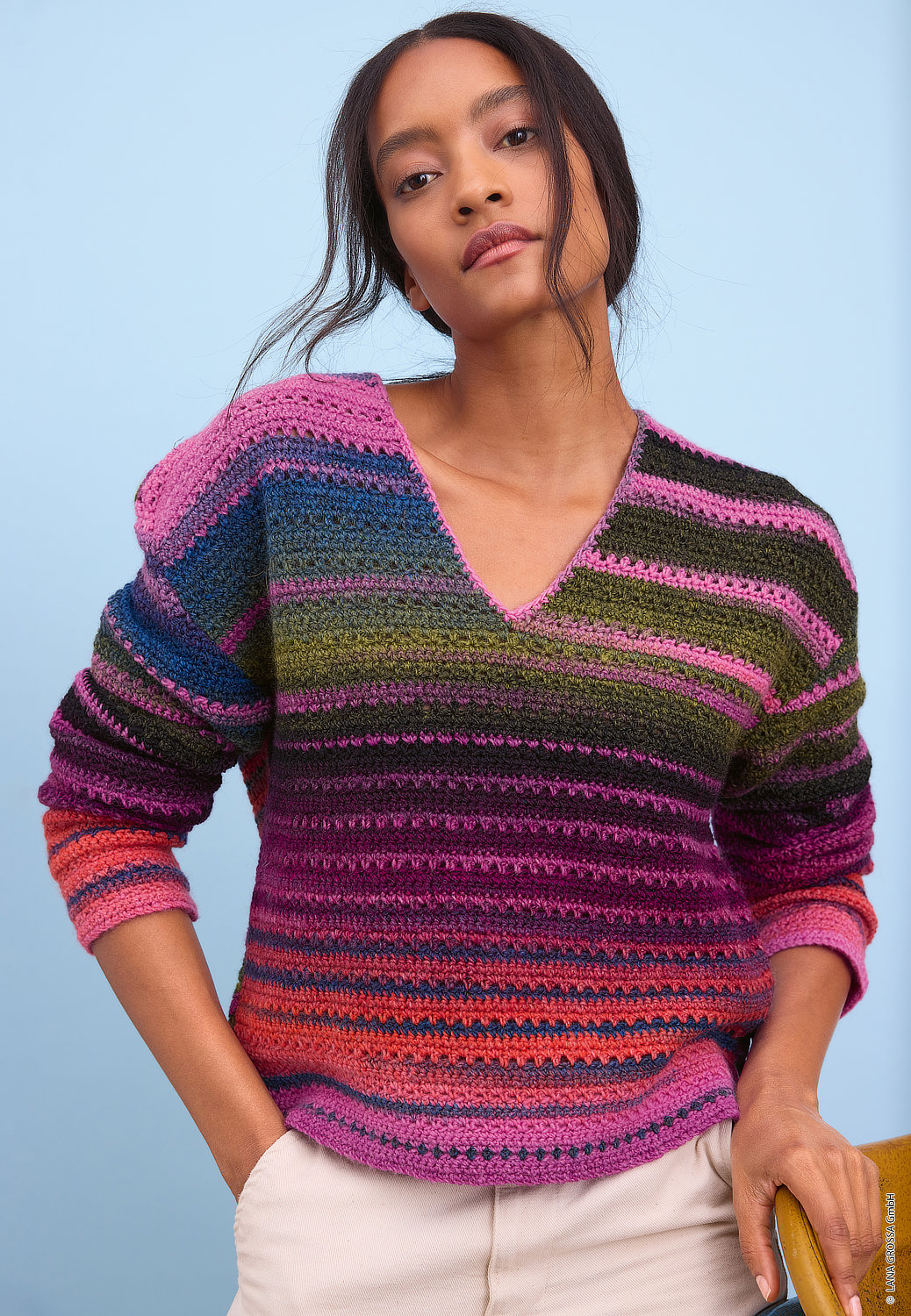 Pullover, Strickpullover, V-Ausschnitt, Mehrfarbig, Streifen