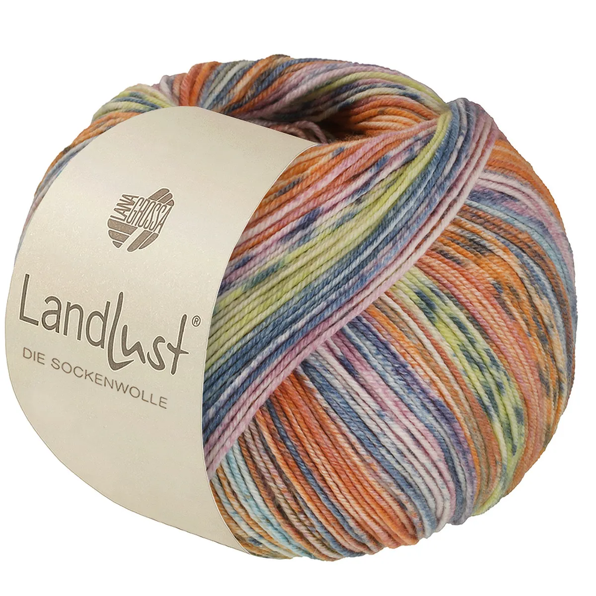 Landlust DIE SOCKENWOLLE SEIDE - 336 Lachs/Orange/Grau/Mint/Rosa/Zitrusgelb/Graublau Gestreift - Lana Grossa