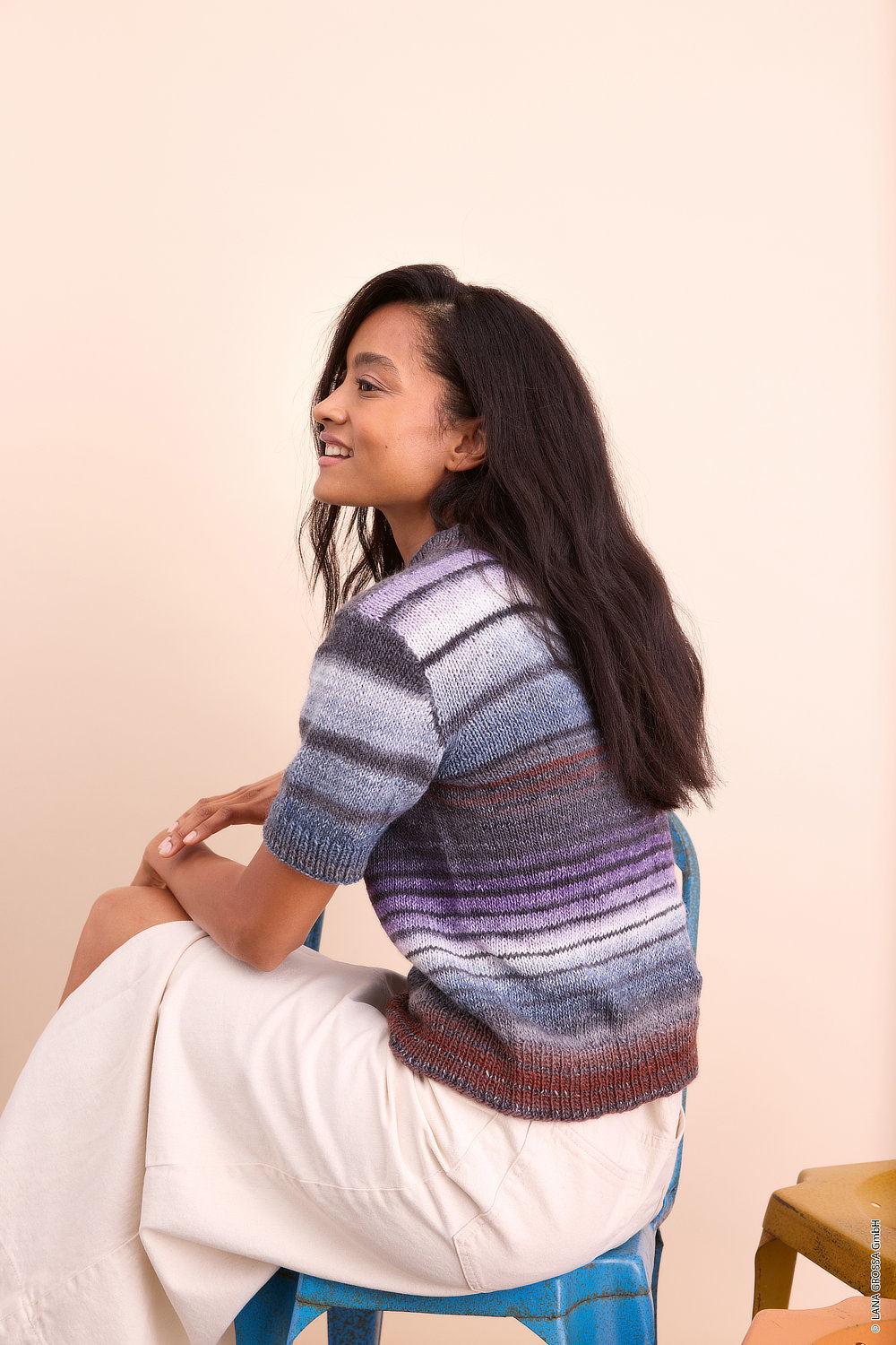 Strickpullover, Strickpullover, Mehrfarbig, Halblangärmel, Kragenlos