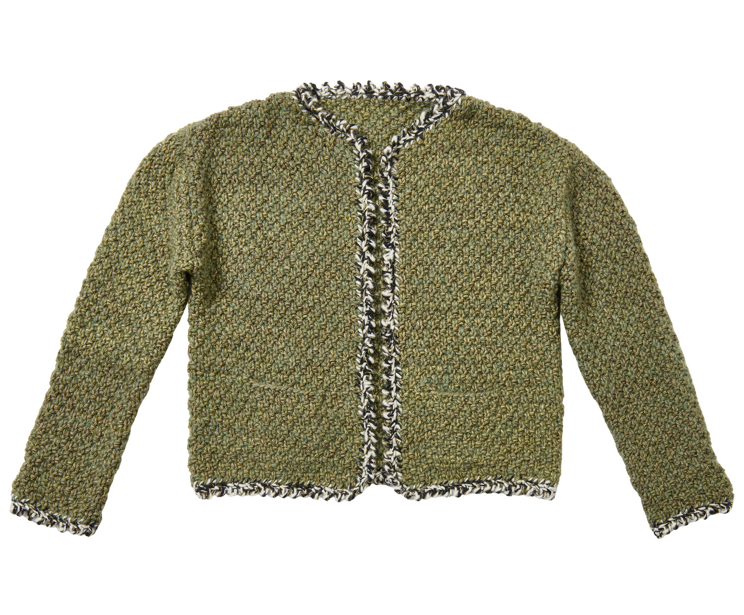 Jacke, Gestrickt, Grün, Offene Vorderseite, Zierkante