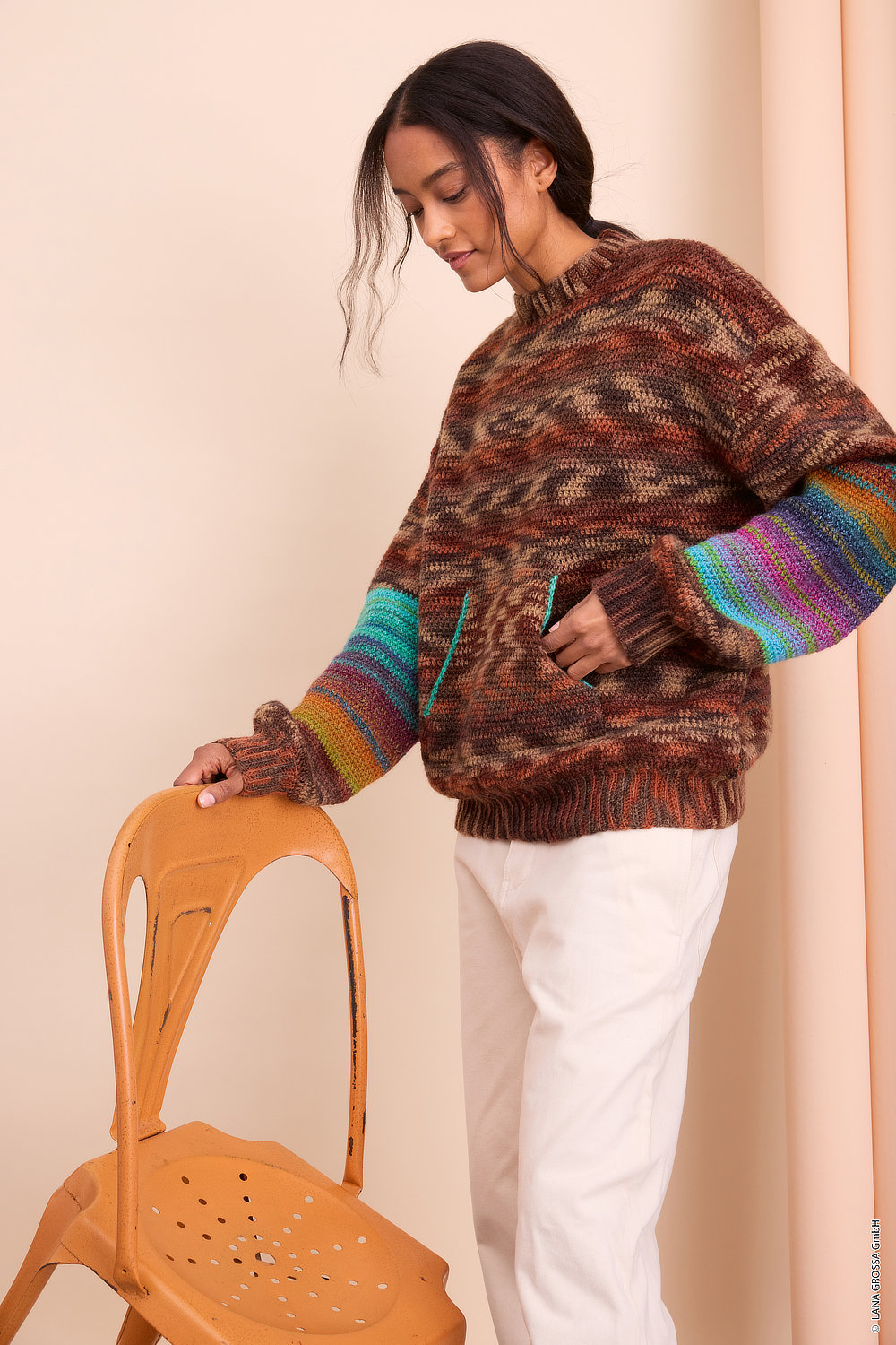 Pullover, Strickware, Multifarbige Ärmel, Dicke Strickjacke, Braune Erdtöne
